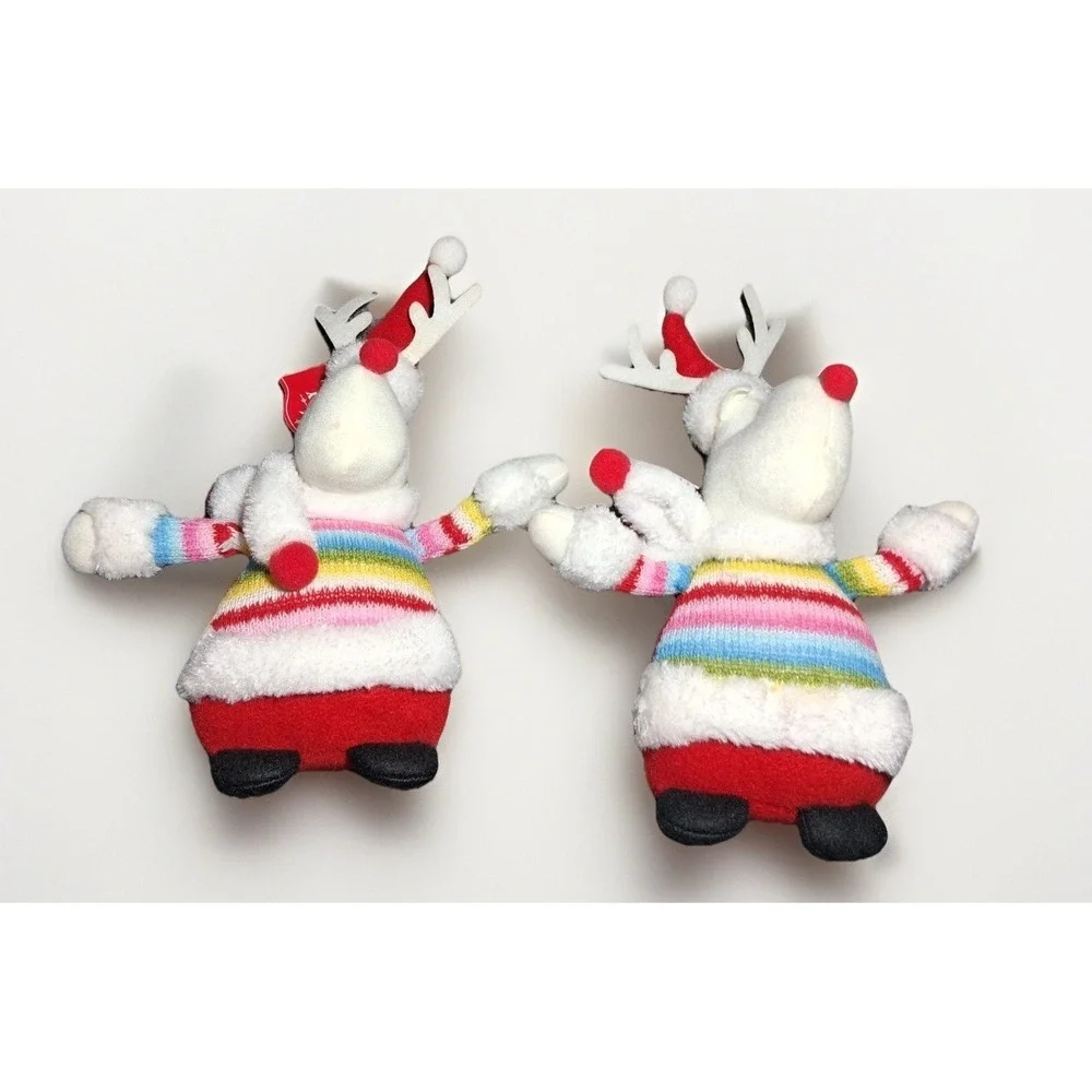 Holiday Time Rainbow Sweater Reindeer Plush Christmas Decor Set of 2 White Red